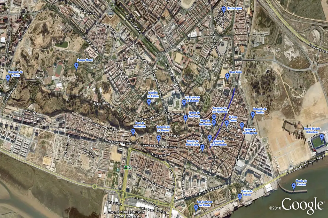 Mapa del recorrido de la audioguia de Huelva